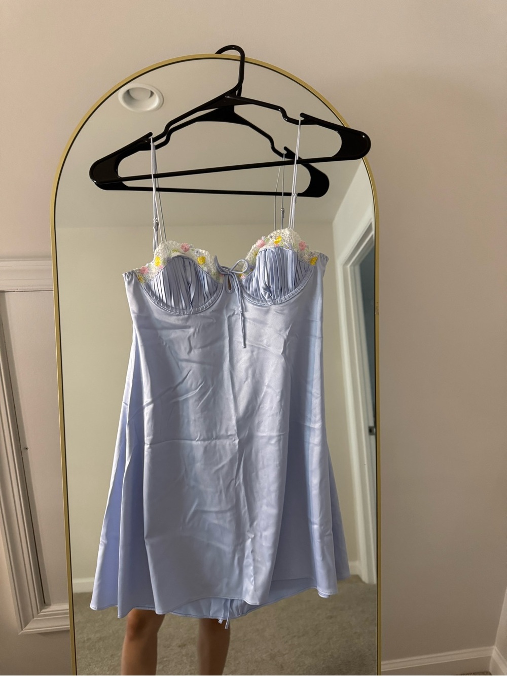 For Love & Lemons Light Blue Satin Floral-Embellished Chemise